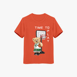 An orange crew neck t-shirt with a graphic print of a teddy bear playing basketball and the text 'TIME TO PLAY'.