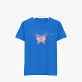A blue organic cotton crew neck t-shirt with a colorful butterfly graphic on the front.