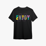 A men's black T-shirt with the word 'ENJOY' printed in multicolored letters.