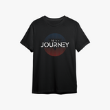 A black organic cotton graphic tee for men with the text 'Life is a JOURNEY' printed on the front.