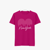 A pink women's organic cotton t-shirt with a graphic of the New York skyline.