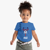 A girl kid wearing a blue organic cotton T-shirt with a panda graphic on it, standing against a white background.