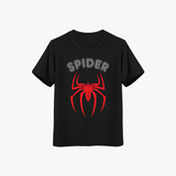 Black short-sleeve crew neck t-shirt with a red spider graphic and the word 'SPIDER' printed above it.