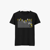 Black organic cotton crew neck t-shirt with text graphic on the front.