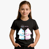 Child wearing a black t-shirt with cartoon characters and 'Dear Buddy' text on a white background