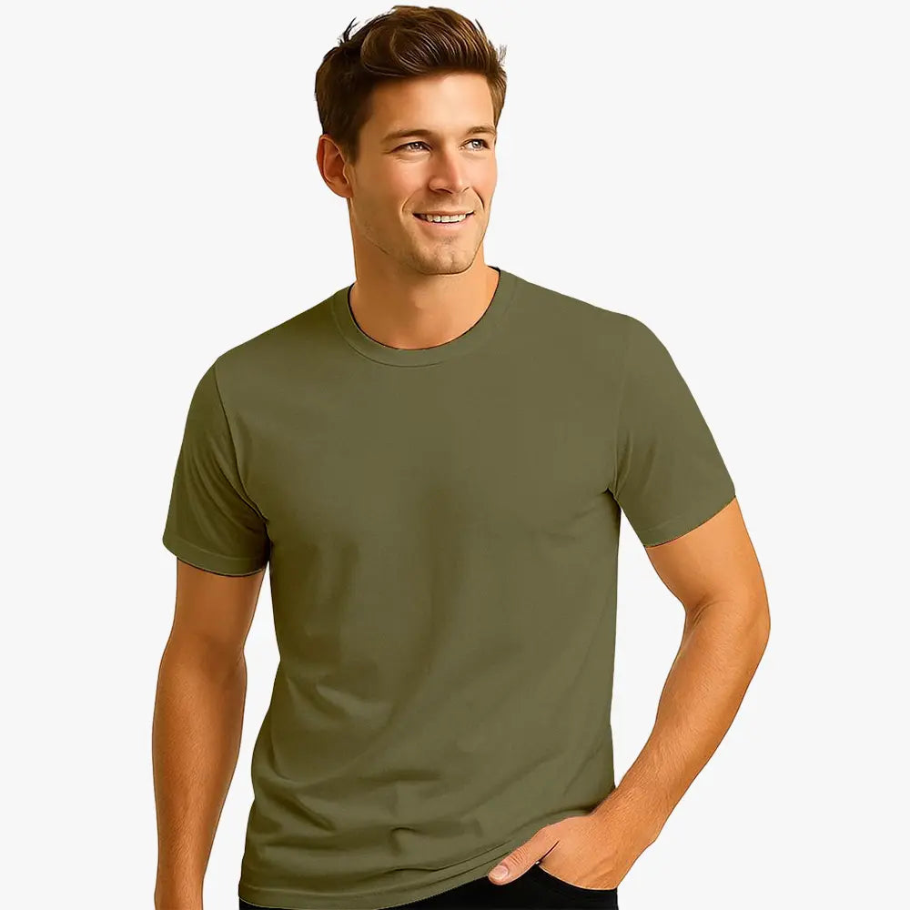 Man wearing a green t-shirt against a plain background