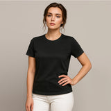 Woman wearing a black t-shirt against a beige background