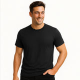Man wearing a black t-shirt against a white background