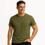 Man wearing an olive green t-shirt on a white background