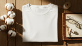 Folded white t-shirt on a wooden surface with cotton and a box of sunglasses.