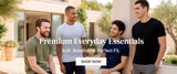 Four men sitting together with promotional text for 'Premium Everyday Essentials' in the foreground.